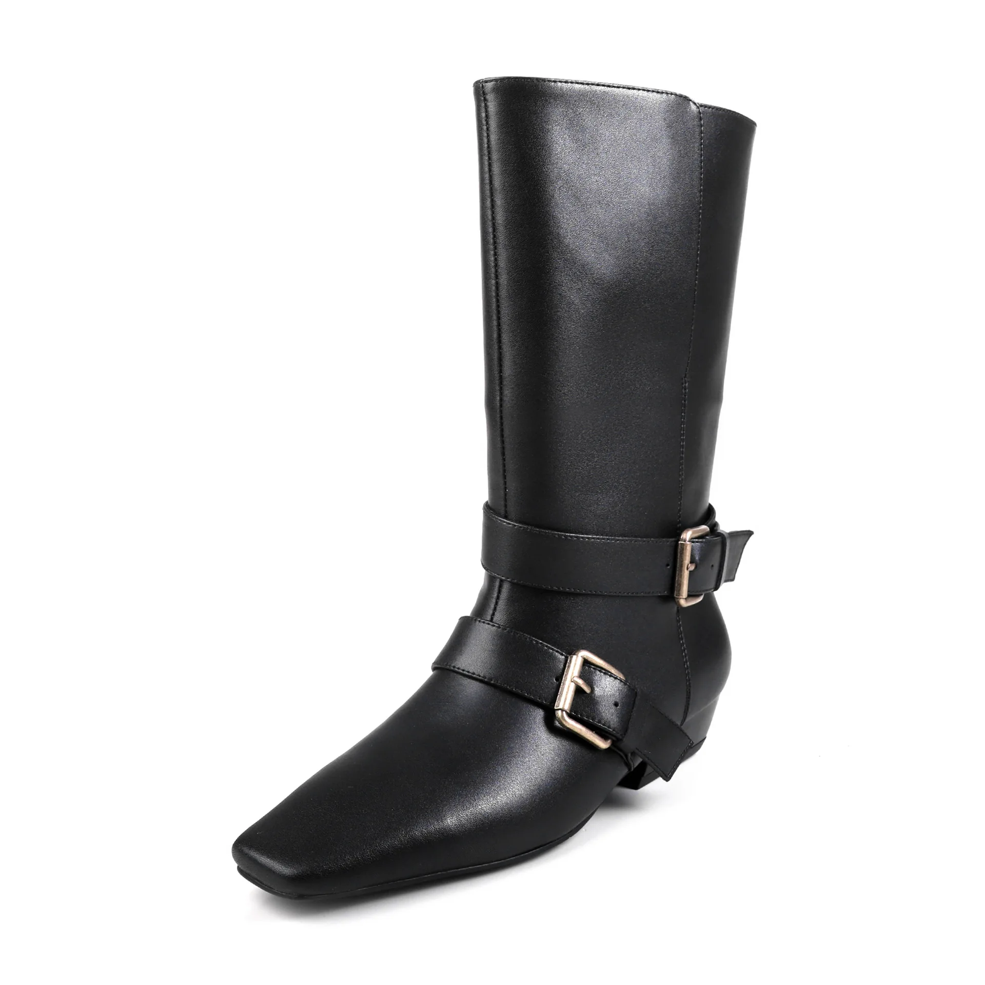 Arden Furtado Herbst-Stiefel aus Rindsleder mit Gürtelschnalle, mittelhohe Stiefel, quadratische Zehenpartie, mittelhoher Absatz, moderne Stiefel, große Damenstiefel
