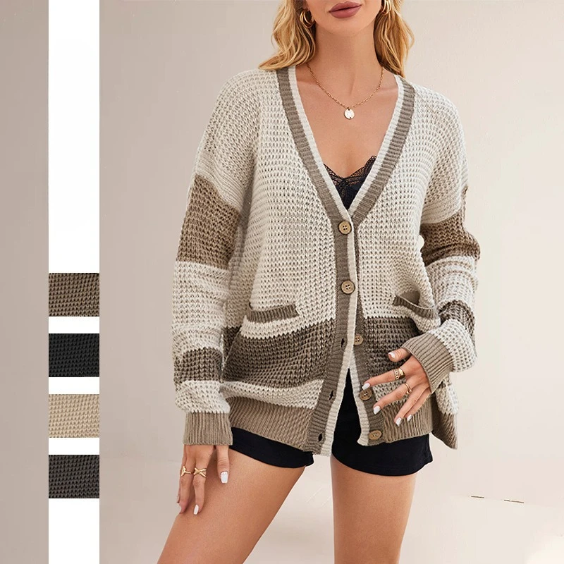 

2025 Autumn Winter New Fashion Color Blocked Women Casual Knitted Coat Simple V-neck Female Long Sleeved Cardigan Sweater