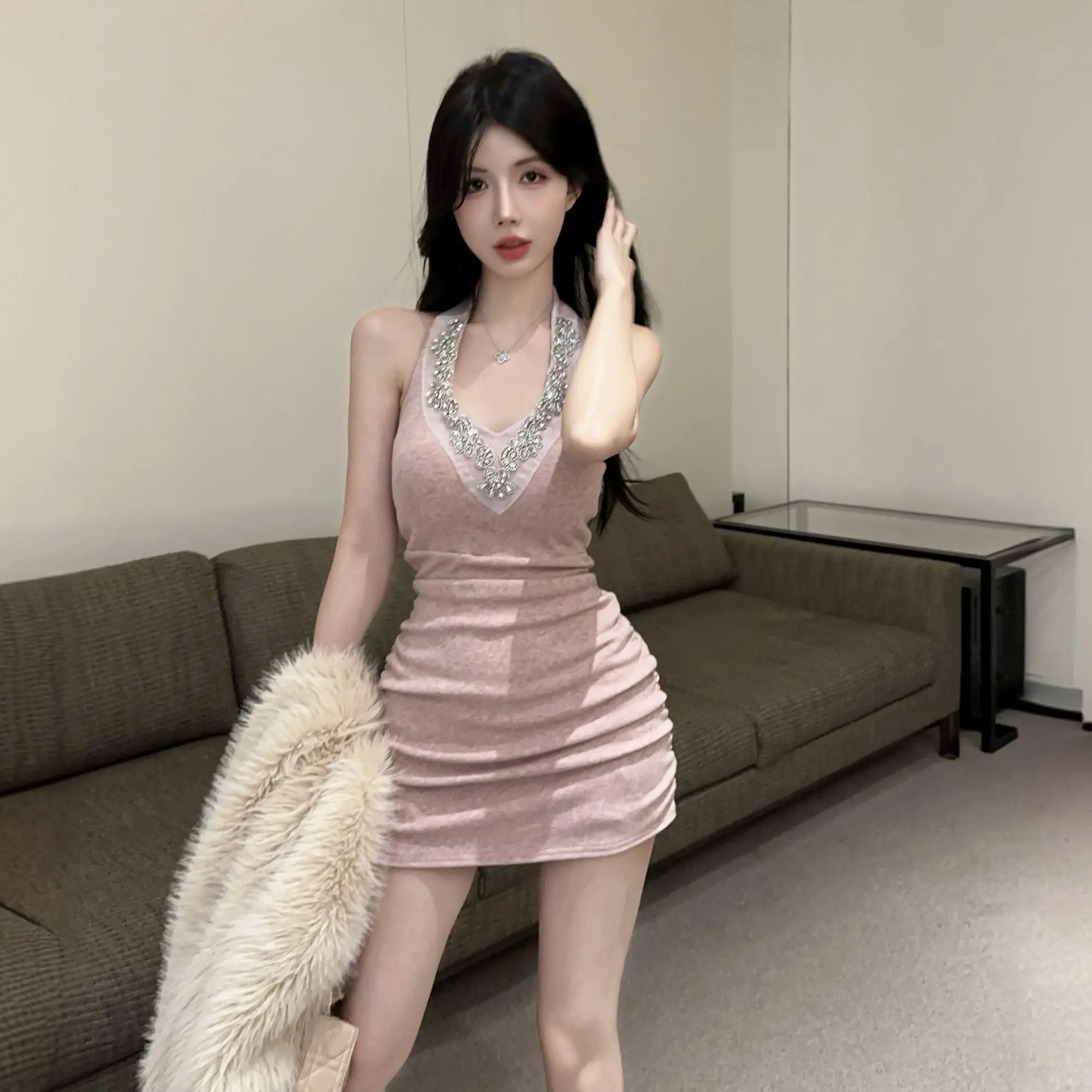 2025 Women Temperament Diamond Studded Hanging Neck Tight Fitting Sexy but Cute Dress in Pink White Black