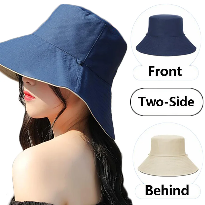 Summer Double-sided Bucket Hats Fashion Big Brim Foldable Solid Sun Hat Women Outdoor Beach Visor Caps Fisherman Cap for Travel