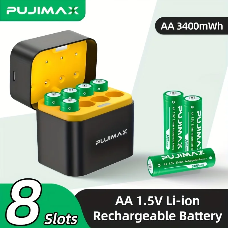 

PUJIMAX Li-ion AA Rechargeable Batteries 1.5V AA 3400mWh Lithium-ion Battery+ Charger Clock Radio Video Game Digital Battery