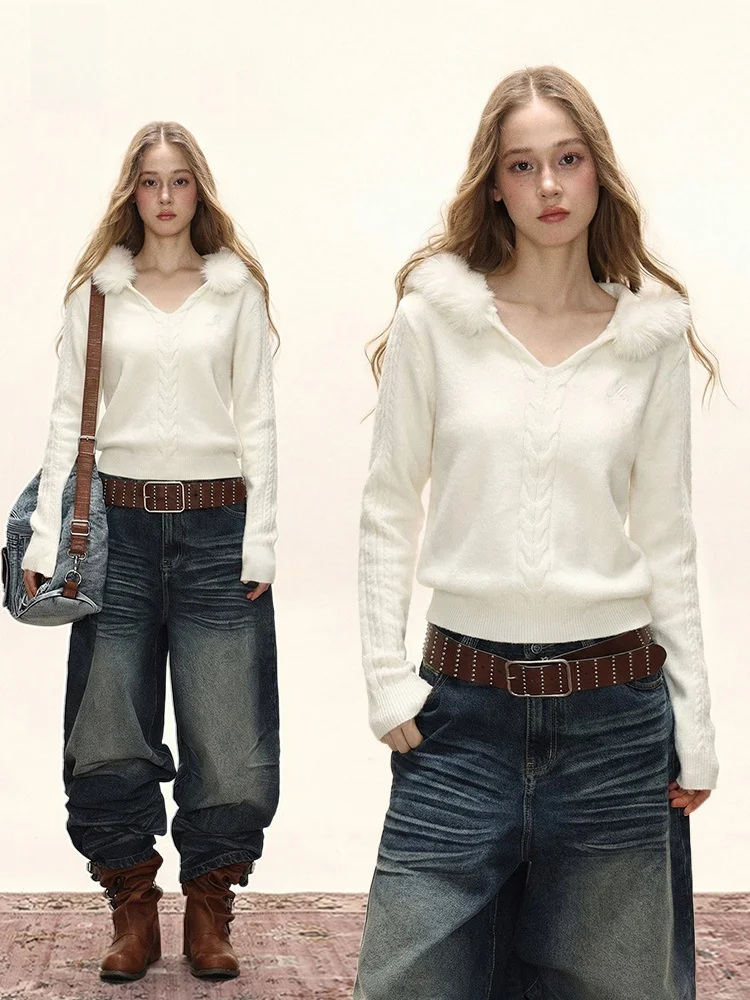 

Американский женский вязаный свитер-худи с V-образным вырезом, длинными рукавами, меховым воротником и узором «косы», приталенный укороченный топ для повседневной носки