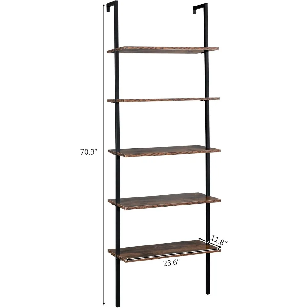 رف سلم خشبي مكون من 5 طبقات - خزانة كتب على الطراز الريفي العتيق للتخزين والعرض المنزلي