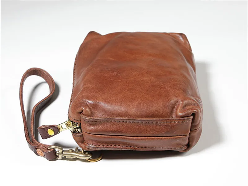 Bolsa de mão masculina de couro legítimo natural, de alta qualidade, casual, simples, artesanal, vintage, couro de vaca real, carteira de telefone para adolescentes