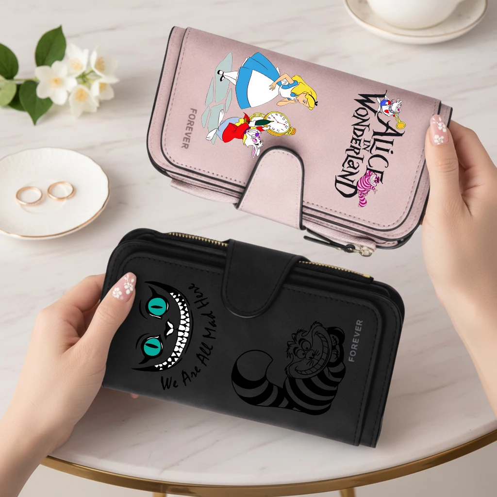 

Черный кошелек «Алиса в стране чудес» для женщин, длинная сумка на молнии с пряжкой, кошелек для монет, из искусственной кожи, с множеством отделений для карт, милая большая сумка, подарок