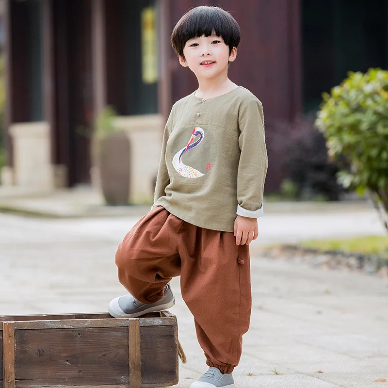 Boys Two Piece Set Lovely Long Sleeve Hanfu Print Summer New Cotton Kids Tang Suit Children Chinese Traditional Clothing