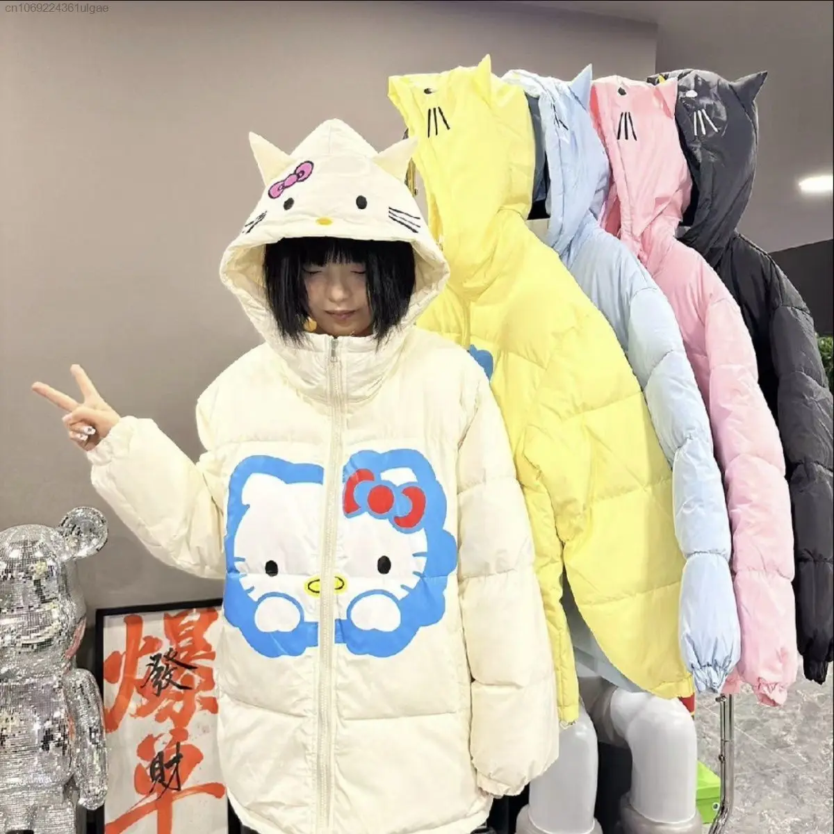 Sanrio Hallo Kitty neue Mode Kleidung Y2K Cartoon japanischen Stil niedlichen gepolsterten Jacke Kapuze Frauen Winter Harajuku Top warmen Mantel