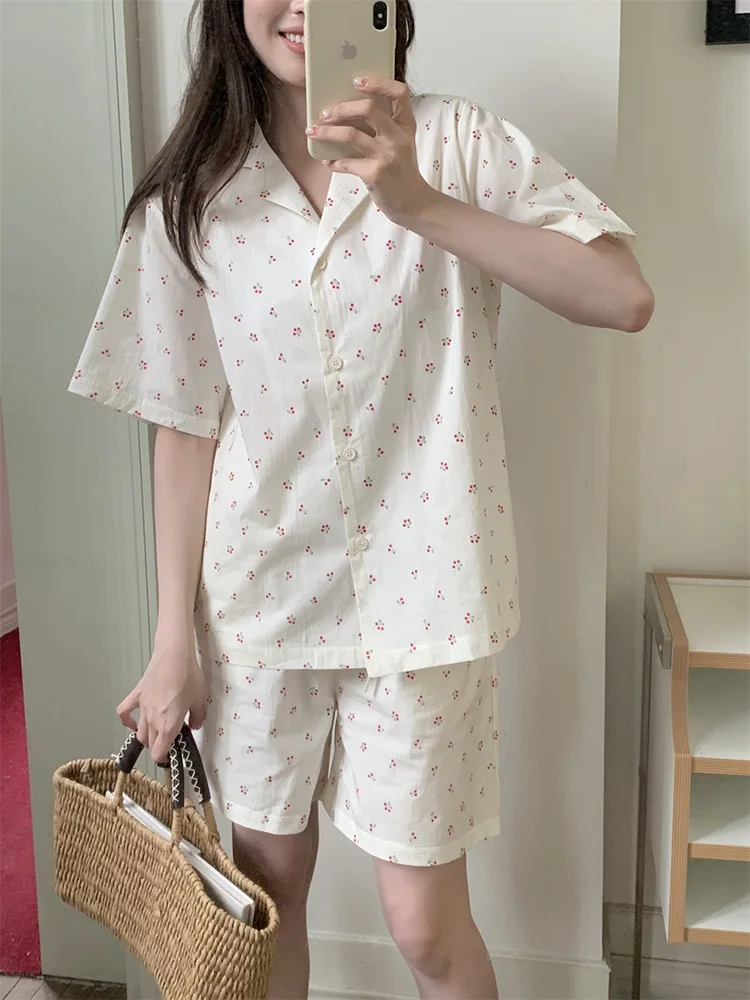 Cherry Print Summer Simple Cotton Sweet Short Sleeve Lapel Pajama Set Women Girlish Style Loose Soft Casual Lazy Sleep Tops Ins