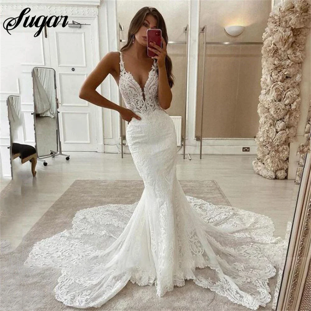 Lace Mermaid Wedding Dress Spaghetti Strap Tulle Backless Bridal Gowns Sleeveless Vintage Country Wedding Gown vestido novia