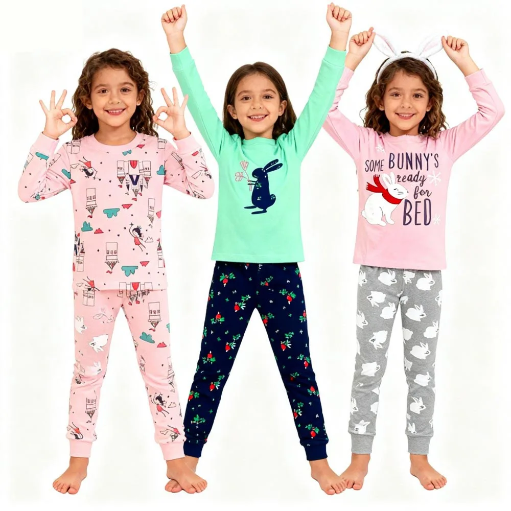 100 Cotton Girls Pajamas Sets Bunny Airplane Castle Animal Cartoon Kids Pyjamas Boys Pijamas Infantil Xmas Children Sleepwear