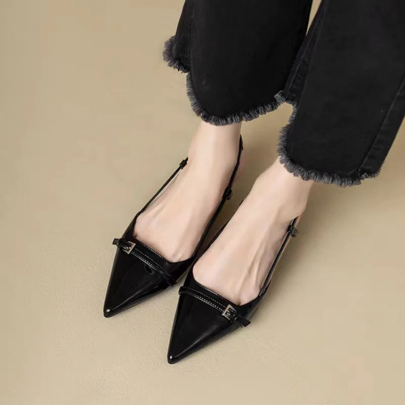 ​​2025 French Pointed Sandals Burgundy Patent Crisscross Straps Metal Decor Slim Heel Open-Back Fairy Sandals image 5