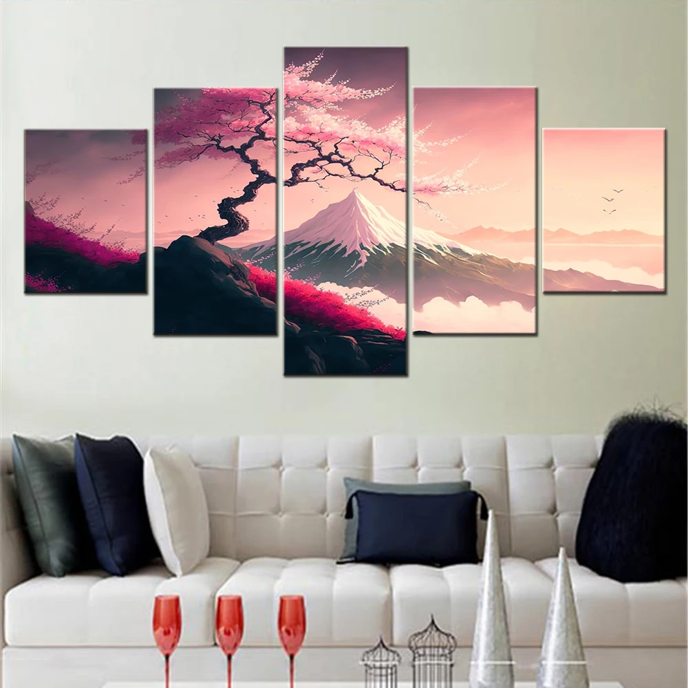 5 Pieces Canvas Painting Japan Landscape Japanese Cherry Blossoms Poster Interior Picture Print Home Decoration Living Room