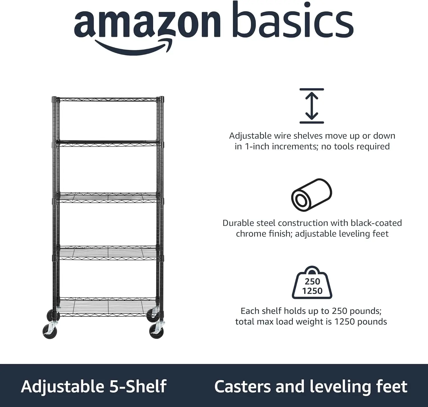 5-Shelf Adjustable,  Storage Shelving Unit on 4'' Wheel Casters, Metal Organizer Wire Rack, 30