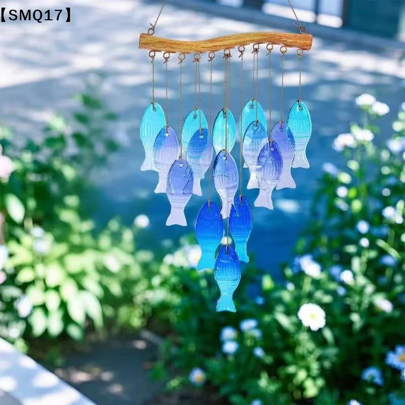 23 Inch Handmade Fish Wind Chime Blue Sea Glass Beach Nautical Decor Hanging Art Ornament for Outdoor Garden Patio Gift