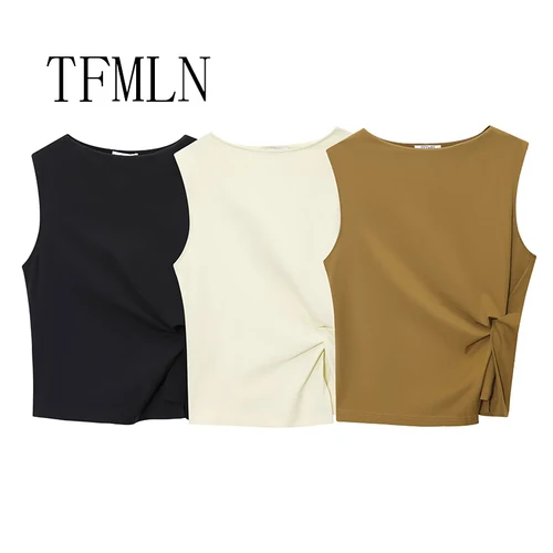TFMLN, camiseta informal lisa asimétrica para mujer, Tops 2025, nueva camiseta sin mangas plegable a la moda de verano para mujer