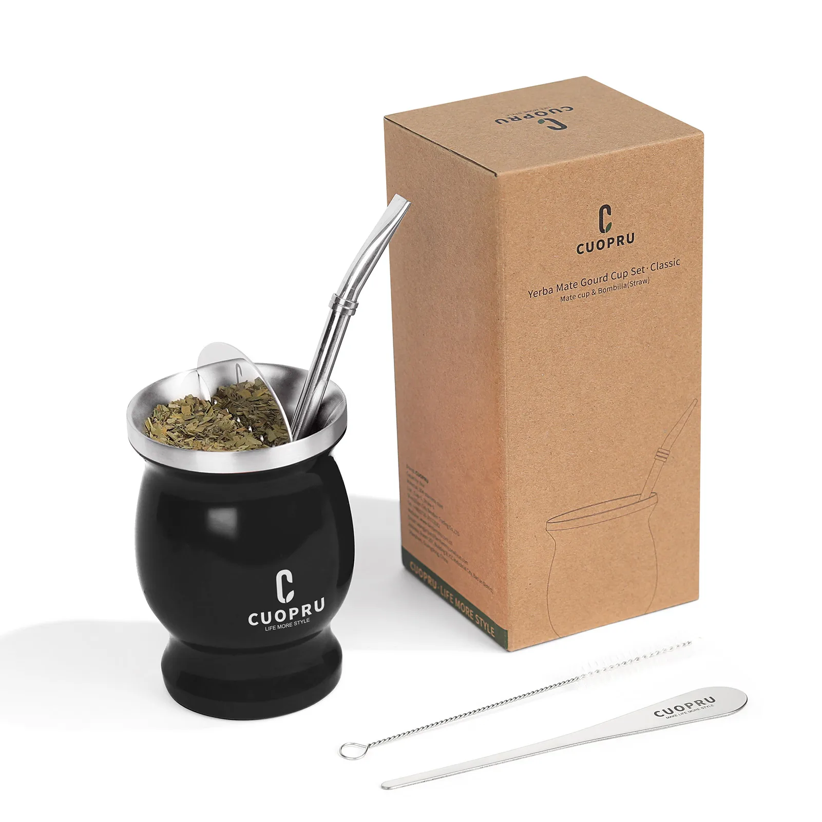 Yerba Mate Cup 304 Stainless Steel Double Wall Gourd with Bombillas and Cleaning Brush and Tea Separato, 8oz, Argentine