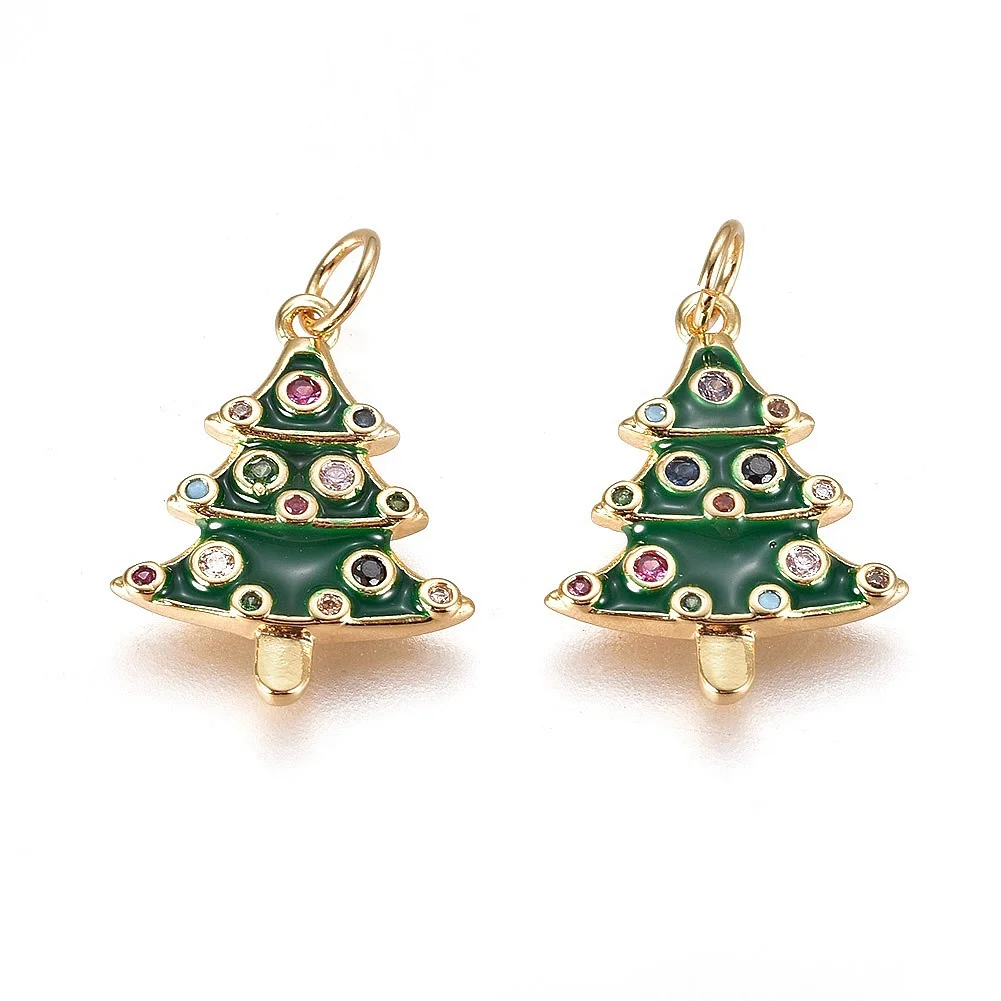 

10pcs Metal Cubic Zirconia Pendants with Enamel and Jump Ring Christmas Tree Green for Making DIY Jewelry Necklace Earring