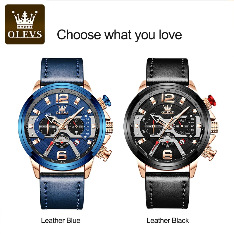 OLEVS Mens Quartz Watches Top Brand Watch 48MM Big Dial Fashion Leather Waterproof Watch for Men Luminous Chronograph Wristwatch