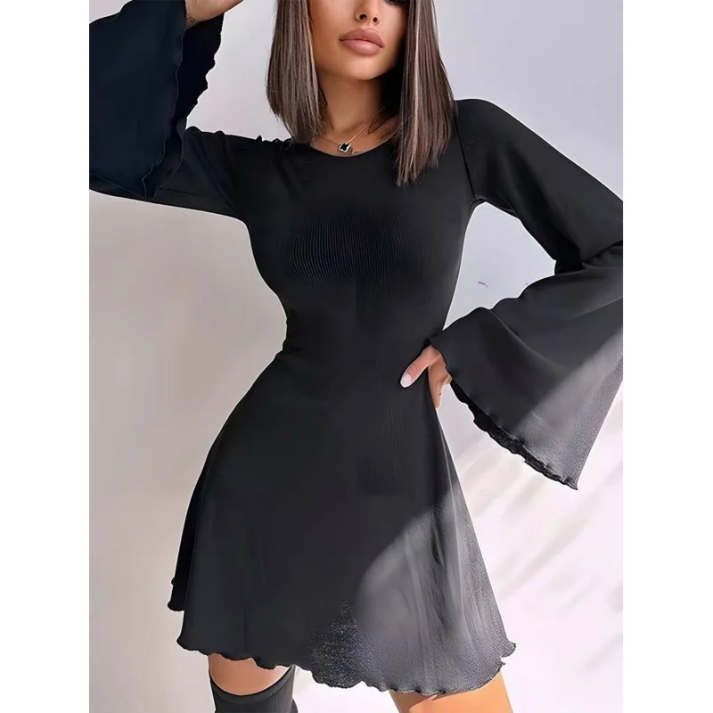 2024New International Station Hot Sale Big Bell Sleeve Dress Autumn and Winter European and American Lace-up Skirt Women