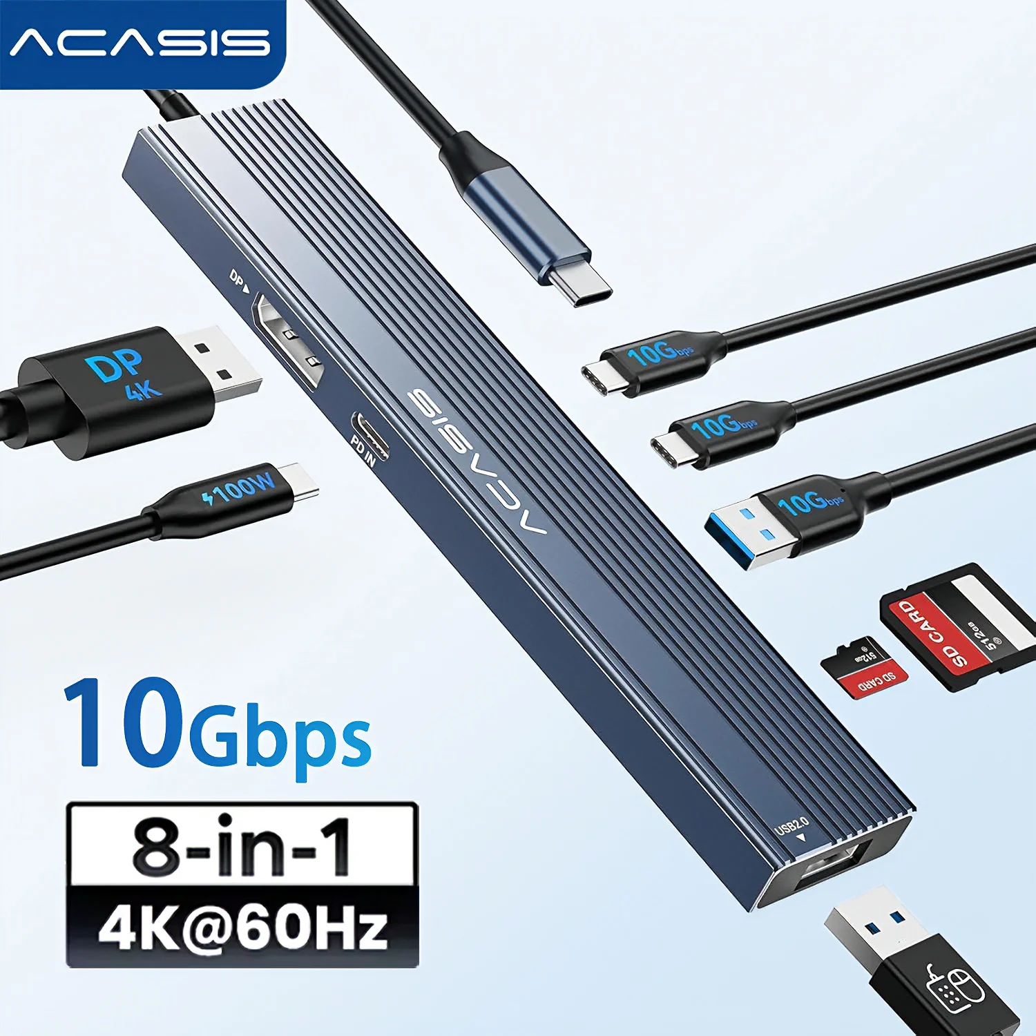 ACASIS USB C HUB 10Gbps 4K60Hz USB3.2 Splitter PD100W SD&TF USB 8-in-1 Adapter for MacBook Laptop Accessories Docking Station