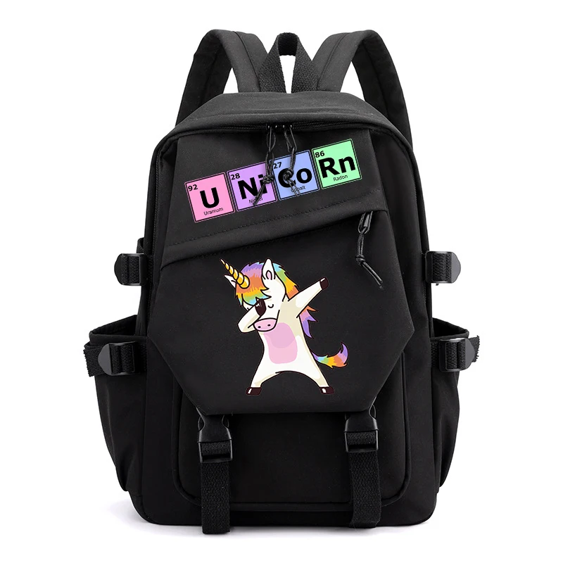 Mochila Unicorn Print para meninas, bolsa estudantil do campus, bolsa casual preta para crianças, presente de volta à escola