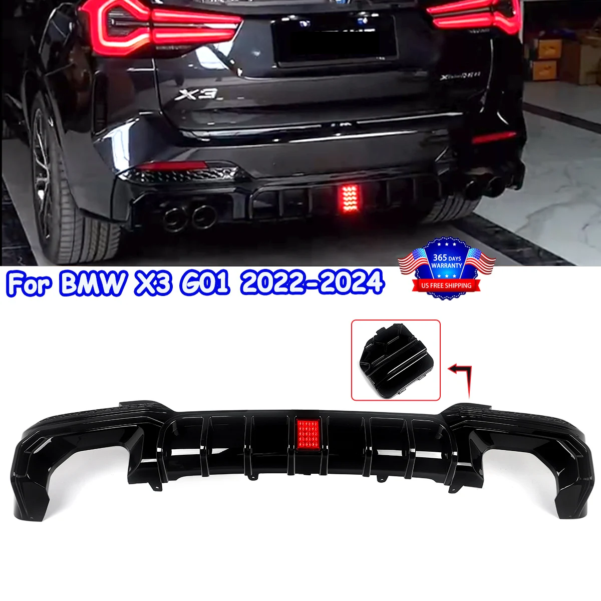 Gloss Black Rear Bumper Diffuser Lip Spoiler With LED Light For BMW X3 G01 22-24