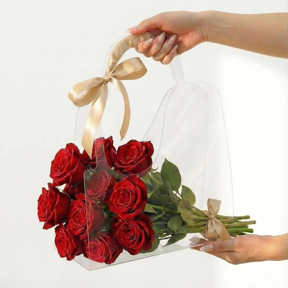 

Clear PET Floral Gift Bags with Handle, Ideal for Valentine's Day, Weddings, Mother's Day - 10 Sets (Heart Design)