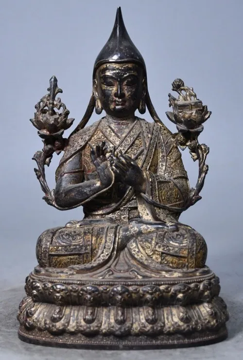 8.2'' Old Tibet Buddhism Bronze Je Tsongkhapa Lama Guru Master Buddha Statue