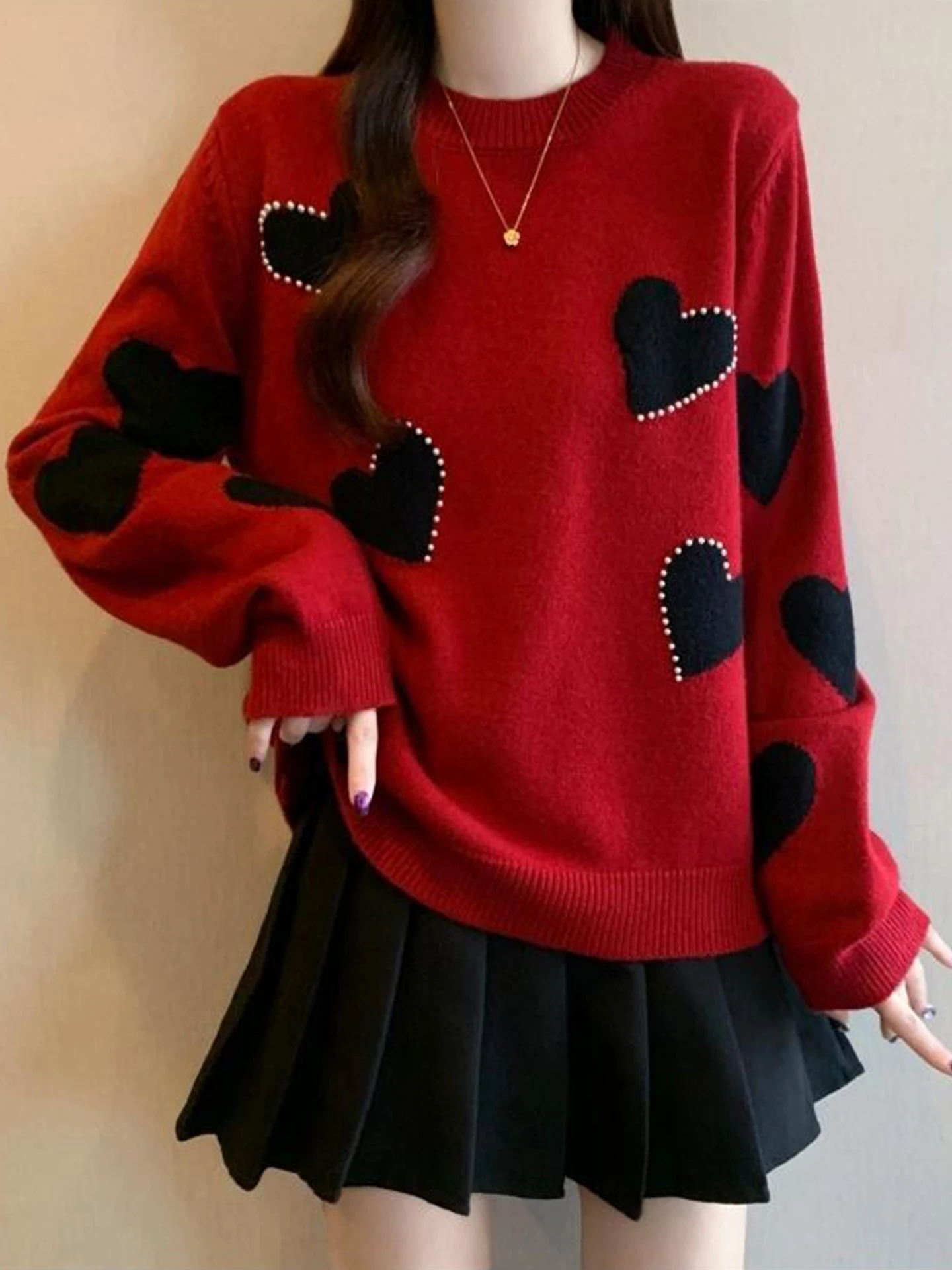 

Красный свитер с вышивкой в виде сердца, женский, осенне-зимний, больших размеров, вязаный топ, стройнящий, премиум-класса, повседневный, для работы и отдыха