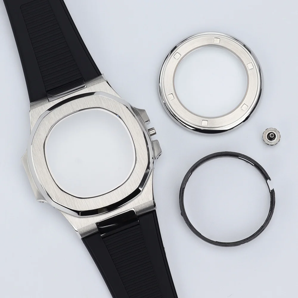 

40mm Square Watch Case Rubber Strap Sapphire Glass for Nautilus Style NH34 NH35 NH36 NH38 NH70 NH72 4R 7S26 Movement 29.8mm Dial