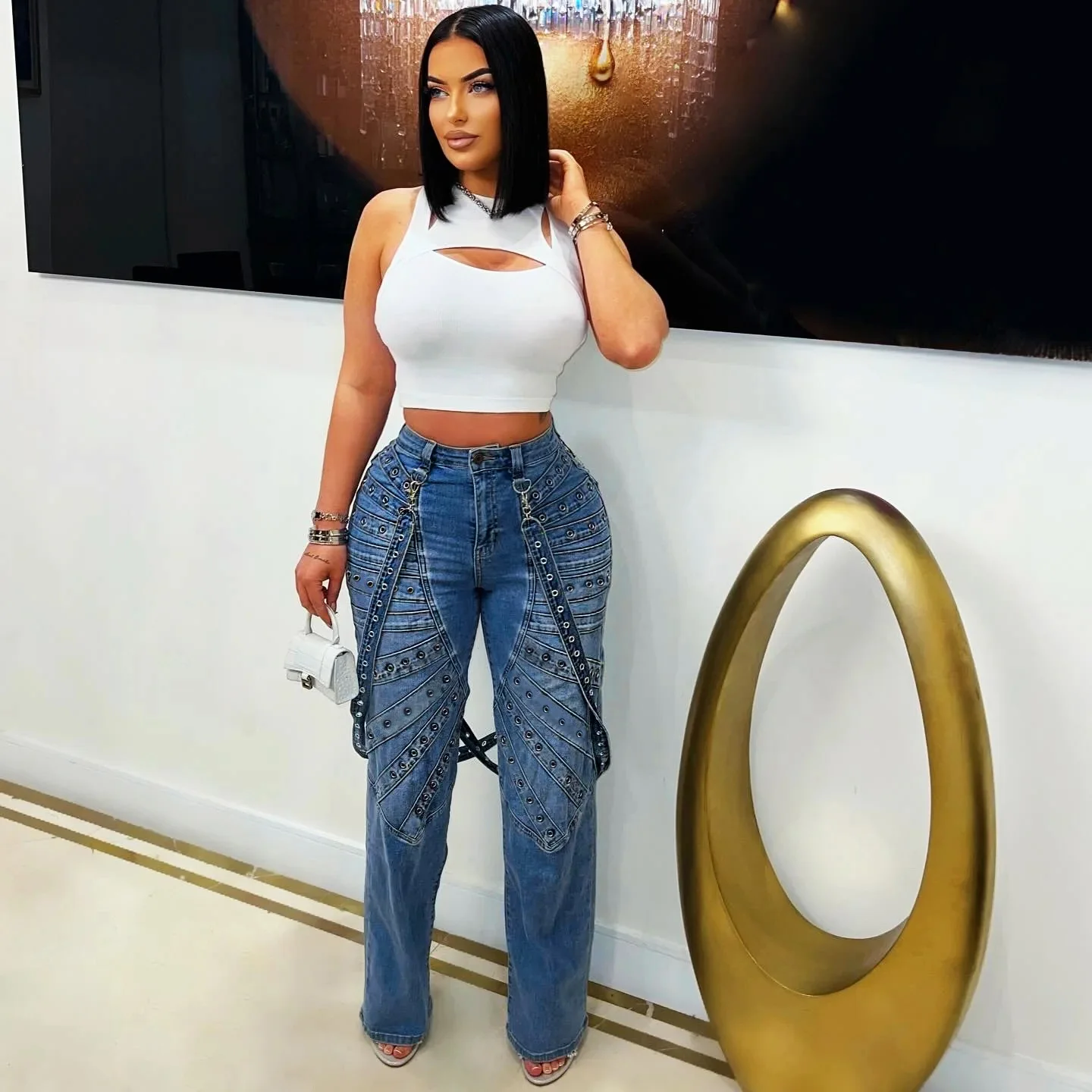 2025 Estate Donna Moda Rivetti in metallo Pantaloni in denim blu Streetwear INS Safari Style Cargo Hip Hop Jeans dritti