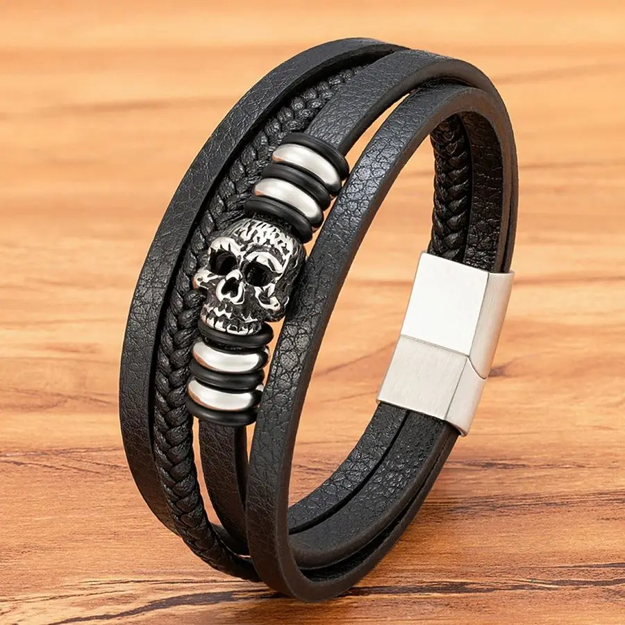 XQNI Fashion Men Bracelet Hand Homme Bracelets Woven Skull Hand Jewelry For Stainless Steel Magnet Clasp Leather Bangles Gift