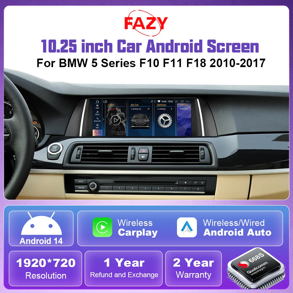 FAZY Android 14 Car Multimedia Player For BMW 5 Series F10 F11 F18 10.25 Touch Screen Wireless Carplay Android Auto Mirror Link