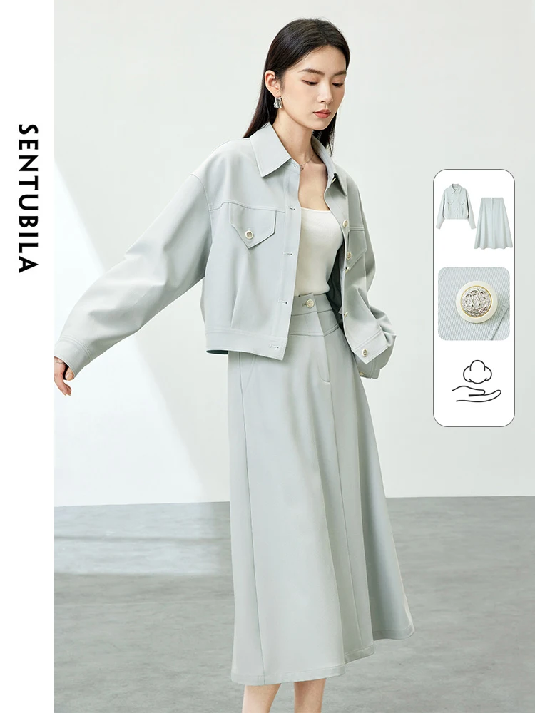 

SENTUBILA Women Spring Two Piece Outfits Skirt Set 2024 Casual Fashion Drop Sleeve Shirt Jacket A-line Skirt Female 141Z53193