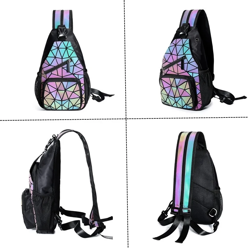 Geometrischer leuchtender Rucksack, holografische reflektierende Tasche, Damen-Umhängetasche mit großem Fassungsvermögen – Detail 5