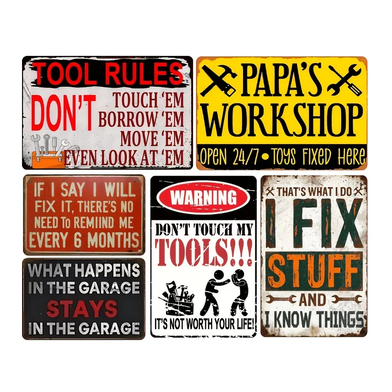 [2D Flat] 6pcs Vintage for Man Cave Decor for Men Funny Papa Workshop& Tools Rules Vintage Metal Signs, Rustic Garage for Man Ca