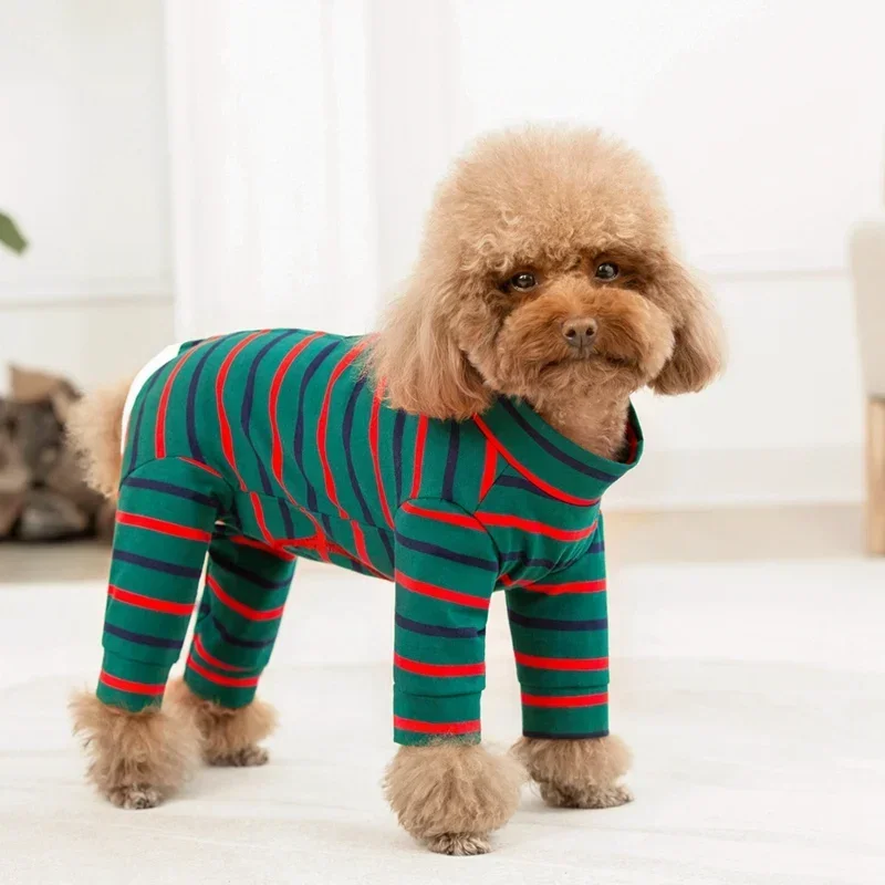 Soft Pet Pajamas for Small Dogs Cats Pullover Jumpsuit Apparel Outfit Clothes Stripes Pjs Home Wear Recovery Suit Comfortable