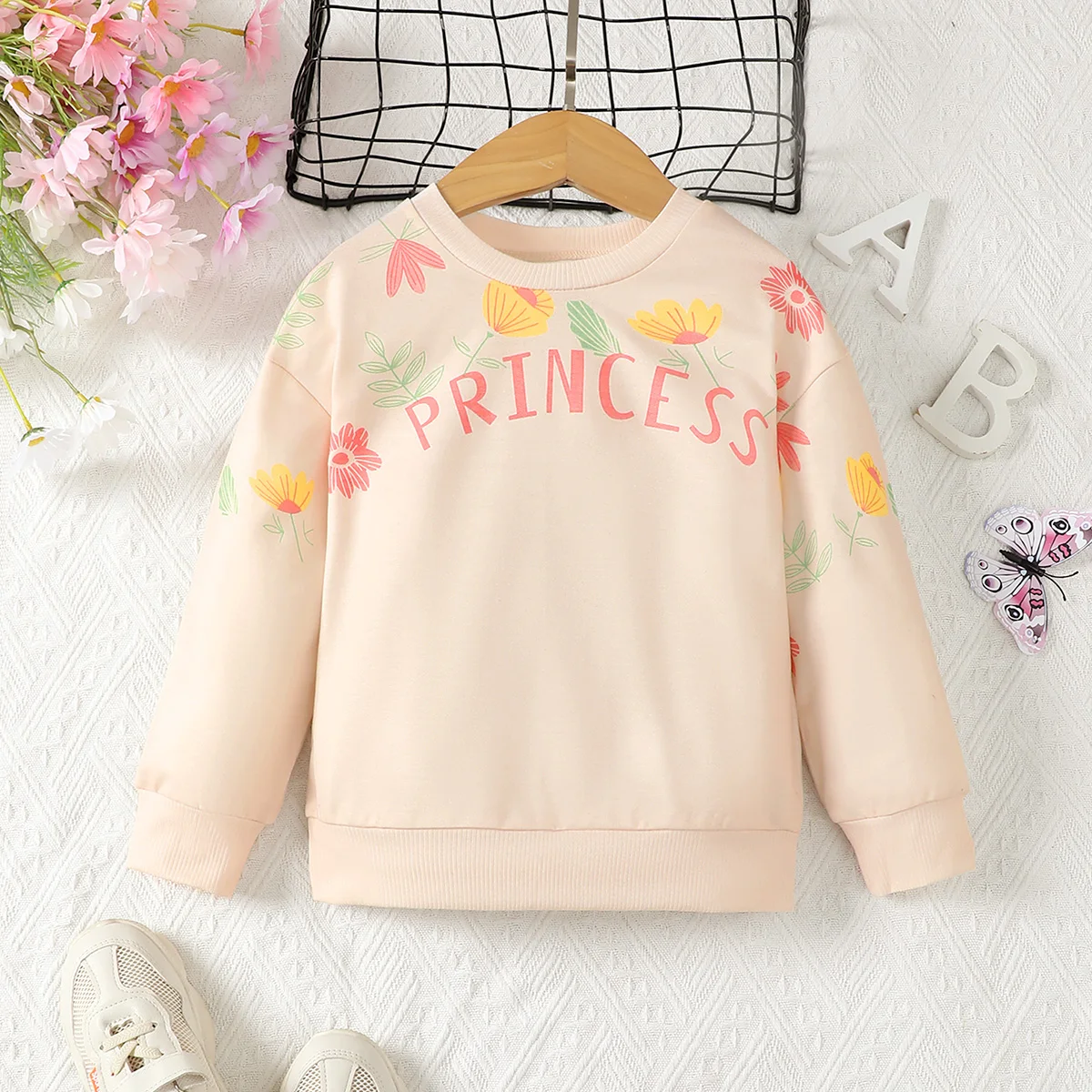 4-7 سنوات الفتيات الخريف هوديي جولة الرقبة زهرة رسالة مطبوعة طويلة الأكمام عارضة أعلى للأطفال والفتيات الملابس #1