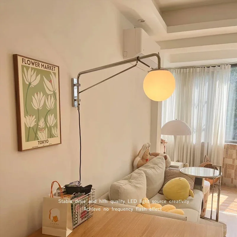 2026 Nordic Designer Long-arm Bedroom Bedside Wall Lamp Nordic Simple Retro Telescopic Swing Arm Study Living Room Reading Light