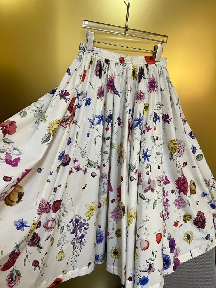 AELESEEN Runway Fashion 100% Cotton Skirt Women Summer Colorful FlowerPrint White Long Party Holiday Poplin