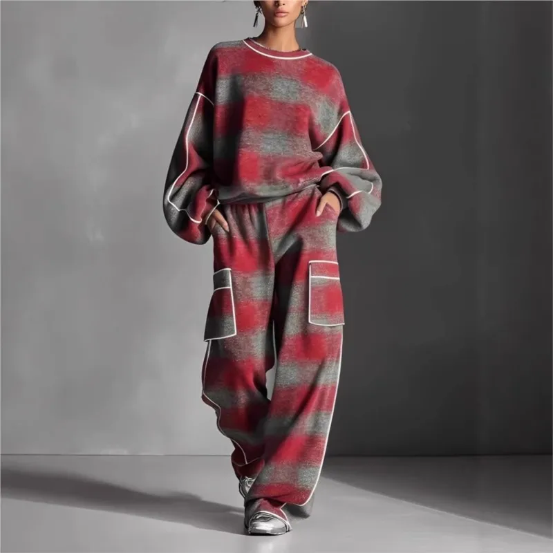 Modisches Karo-Print 2-Teiliges Set für Damen 2026 Frühling Herbst Übergroßer Pullover Top + Hose Anzüge Zweiteiliges Set Trainingsanzug Outfit