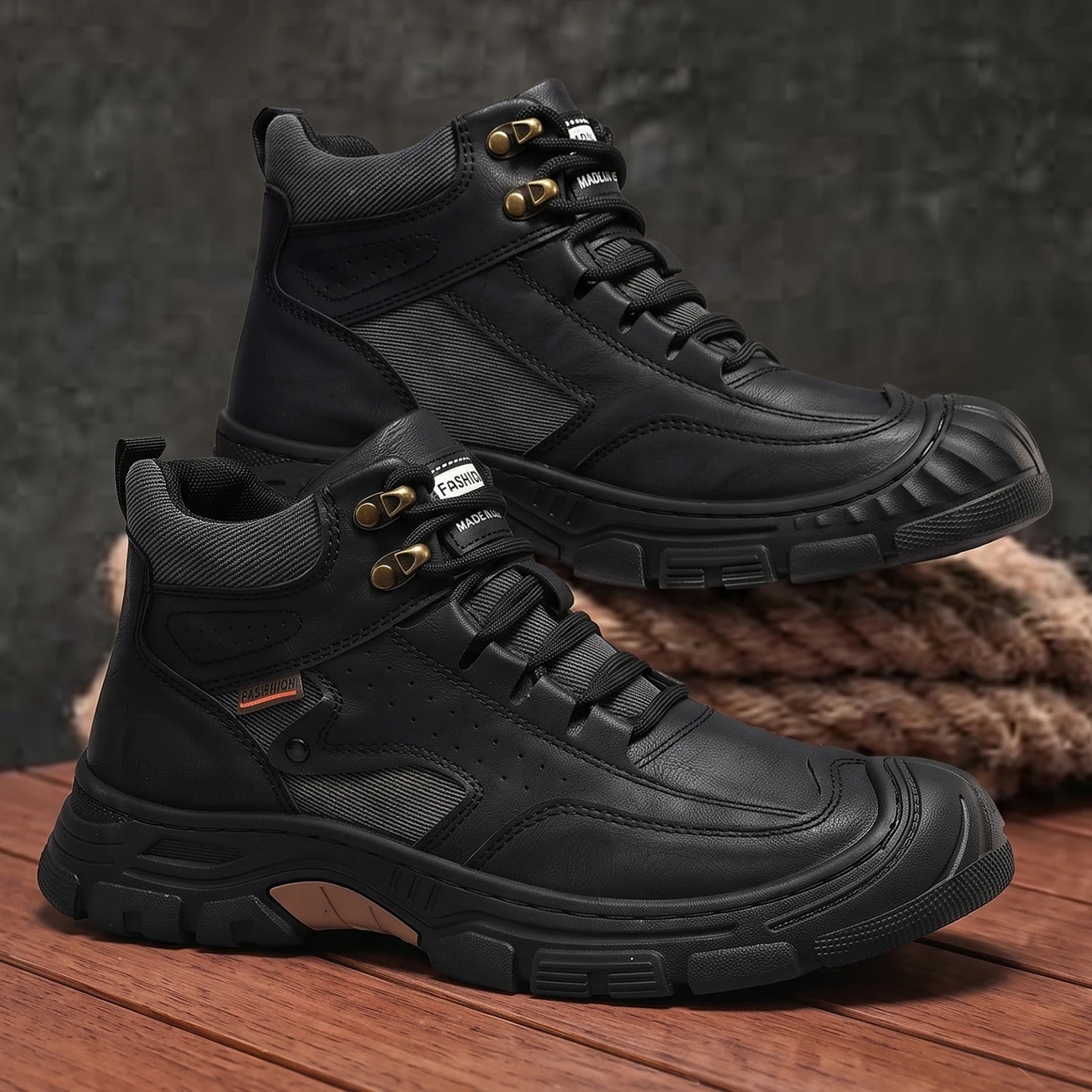Men's Fall and Winter PU Leather Shoes Padded Thickened Waterproof Casual Men's High-top Shoes Outdoor Sports Snow Boots