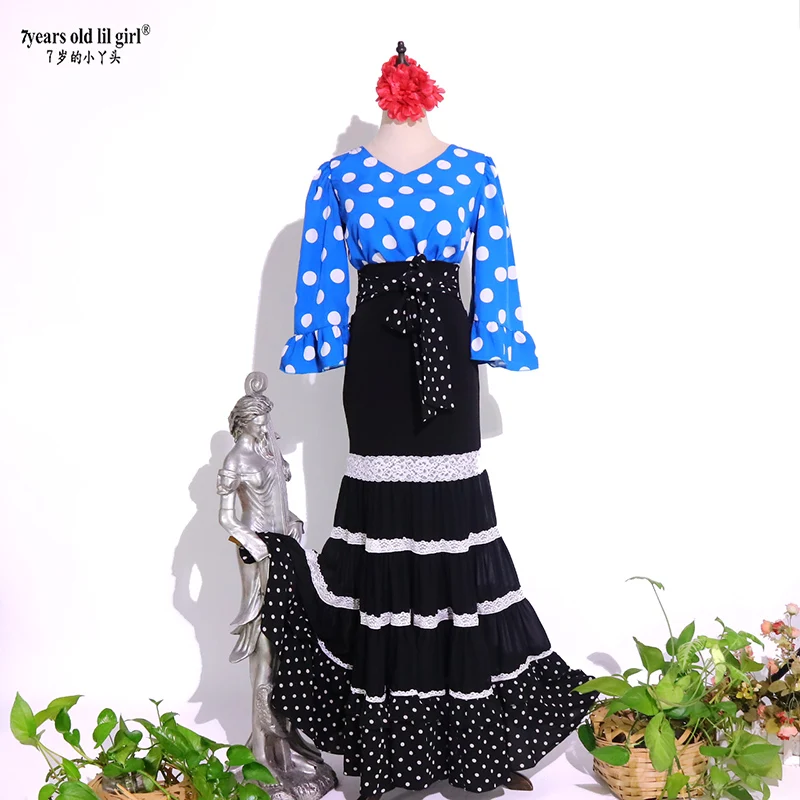 Flamenco traje performor vestido feminino chiffon polka dot topo menina gyspy ballroom festival desempenho dança wearah49