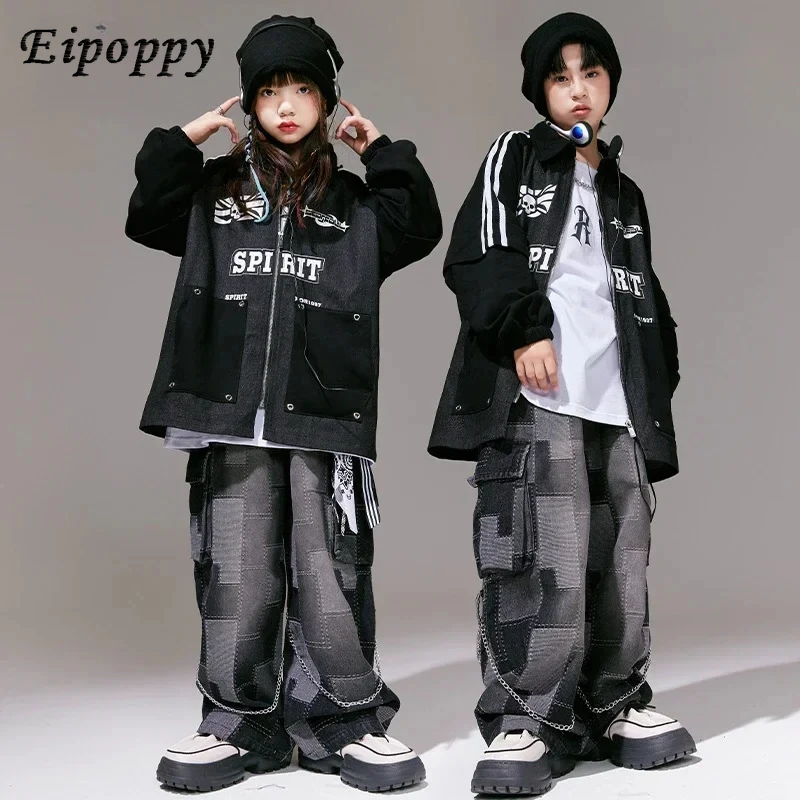 

Girls Street Dance Coat Denim Pants Clothes Sets Hip Hop Boys Loose Jacket Plaid