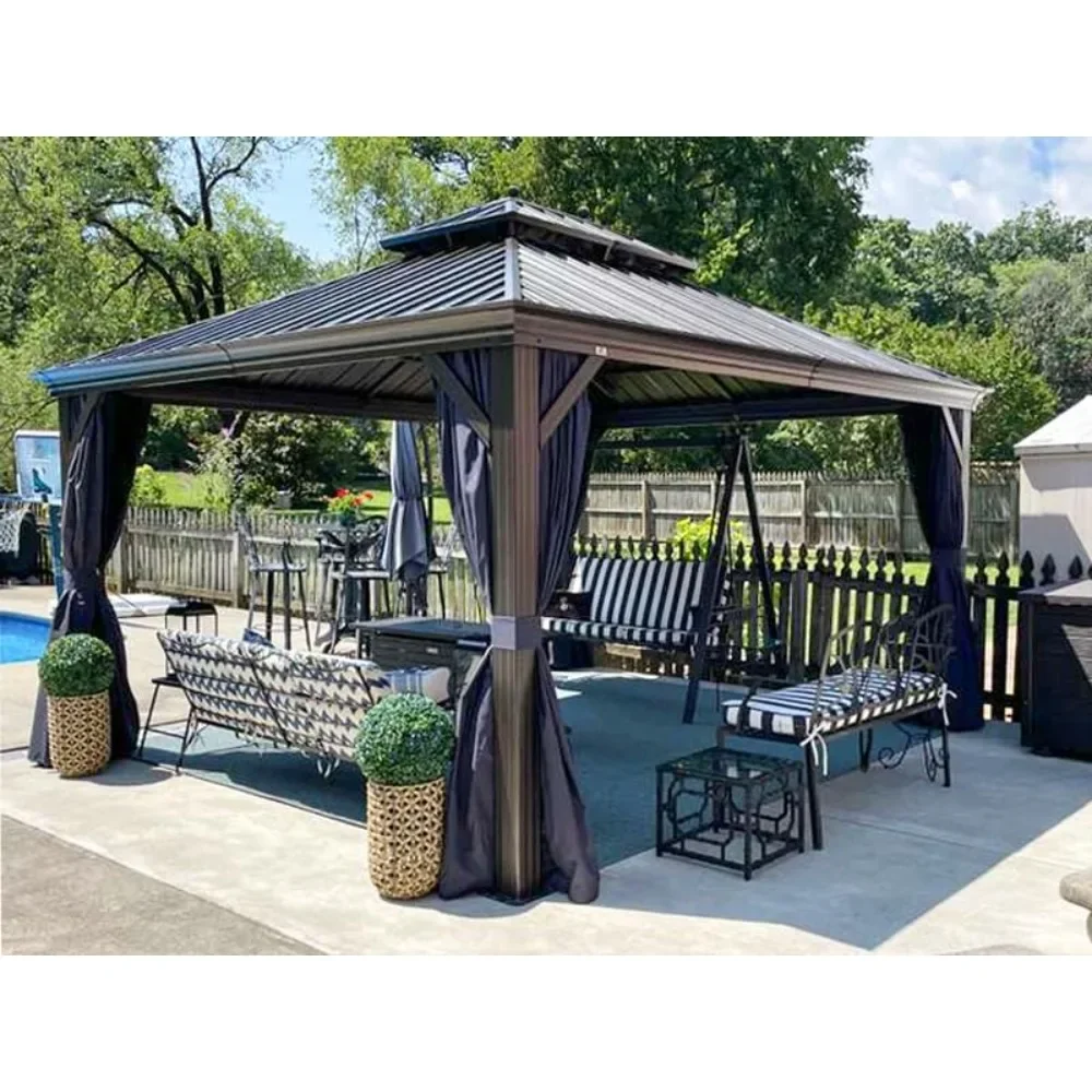 10' X 14'Hardtop Gazebo for Patio with Netting and Curtains Deck Backyard Heavy Duty Sunshade Metal Roof Outdoor Pavilion Canopy