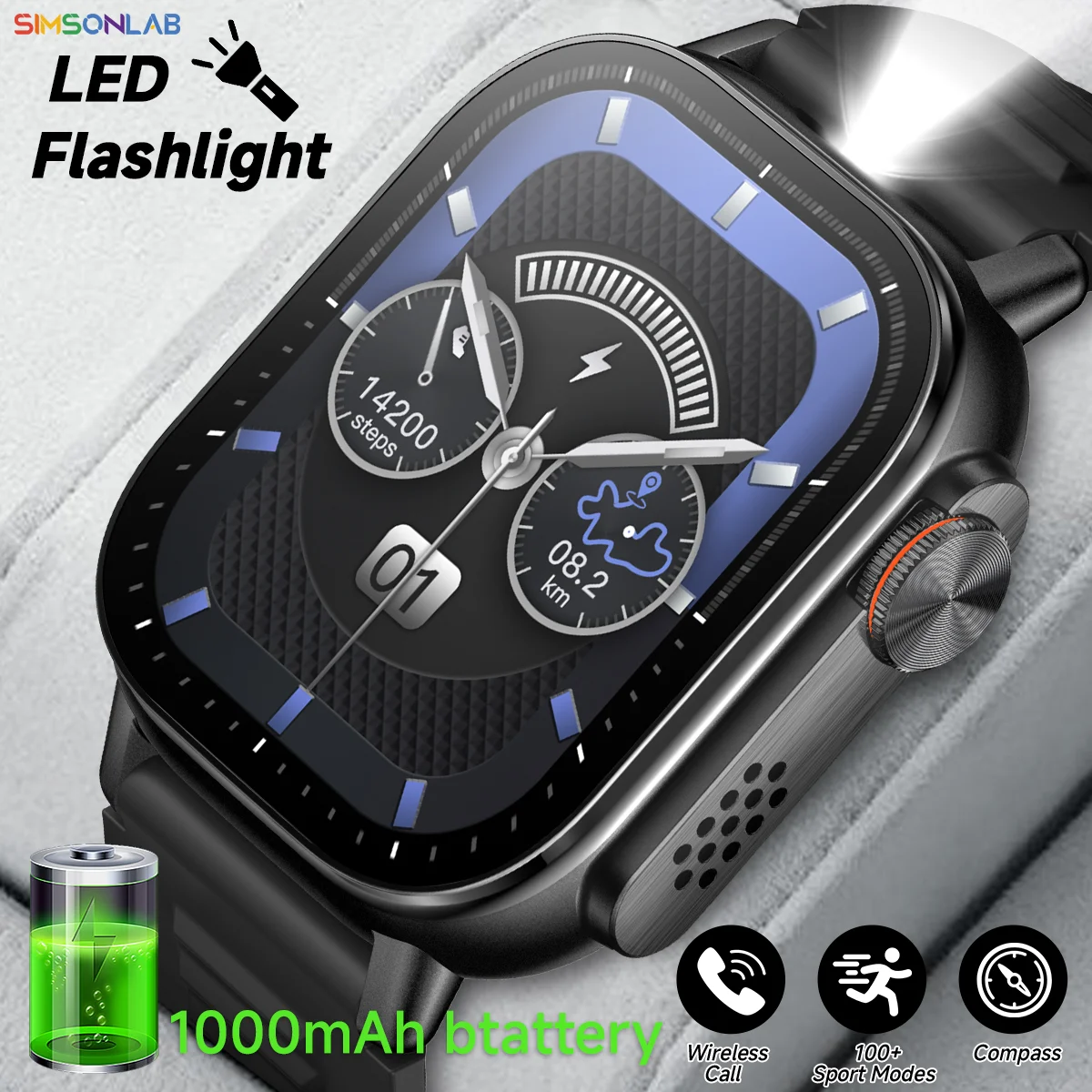 

NEW Outdoor Camping Smartwatch Compass Flashlight 1000mAh Long Battery Life Bluetooth Call IP68 Waterproof for Men Women Gift