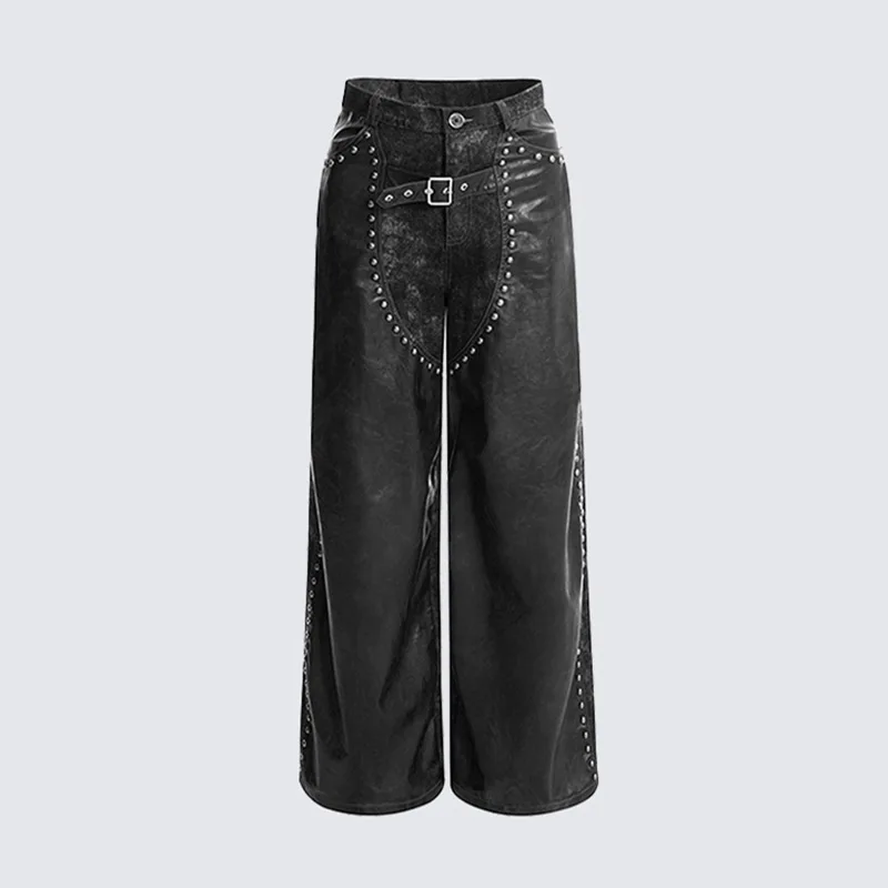 Men's Fashion Punk Style Hip Hop Pants With Rivet Faux Leather Biker Trousers Waterproof Windproof Motorcycle Rider Pants