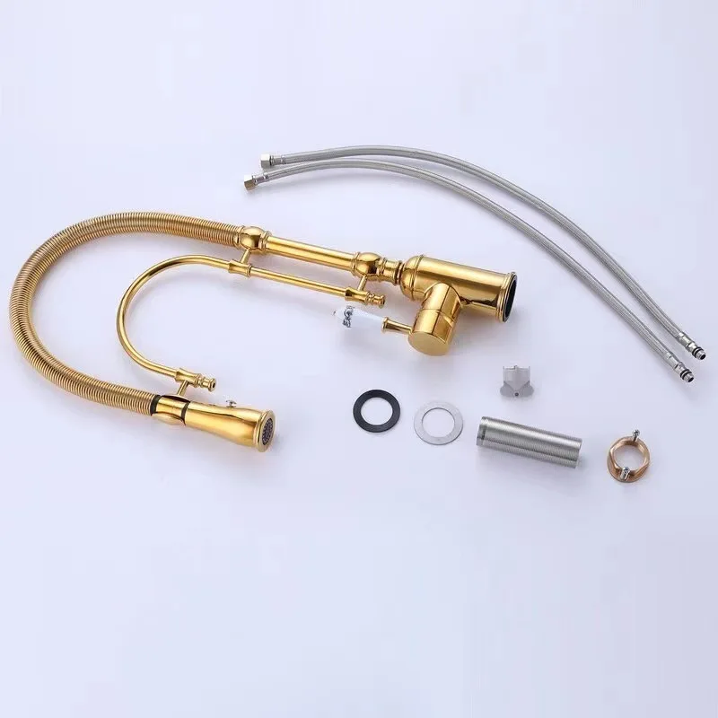 

Luxury Pull Down Kitchen Faucet Brass, Gold Finish Sprayer Hot and Cold Deck Mount Sink Tap