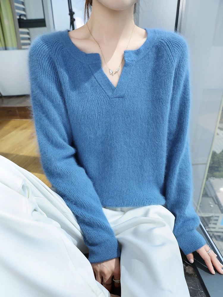 

TLOML New Women's 100% Mink Cashmere Sweater V- Neck Pullover Basic Casual Autumn Winter Soft Warm Long Sleeve Clothing Tops