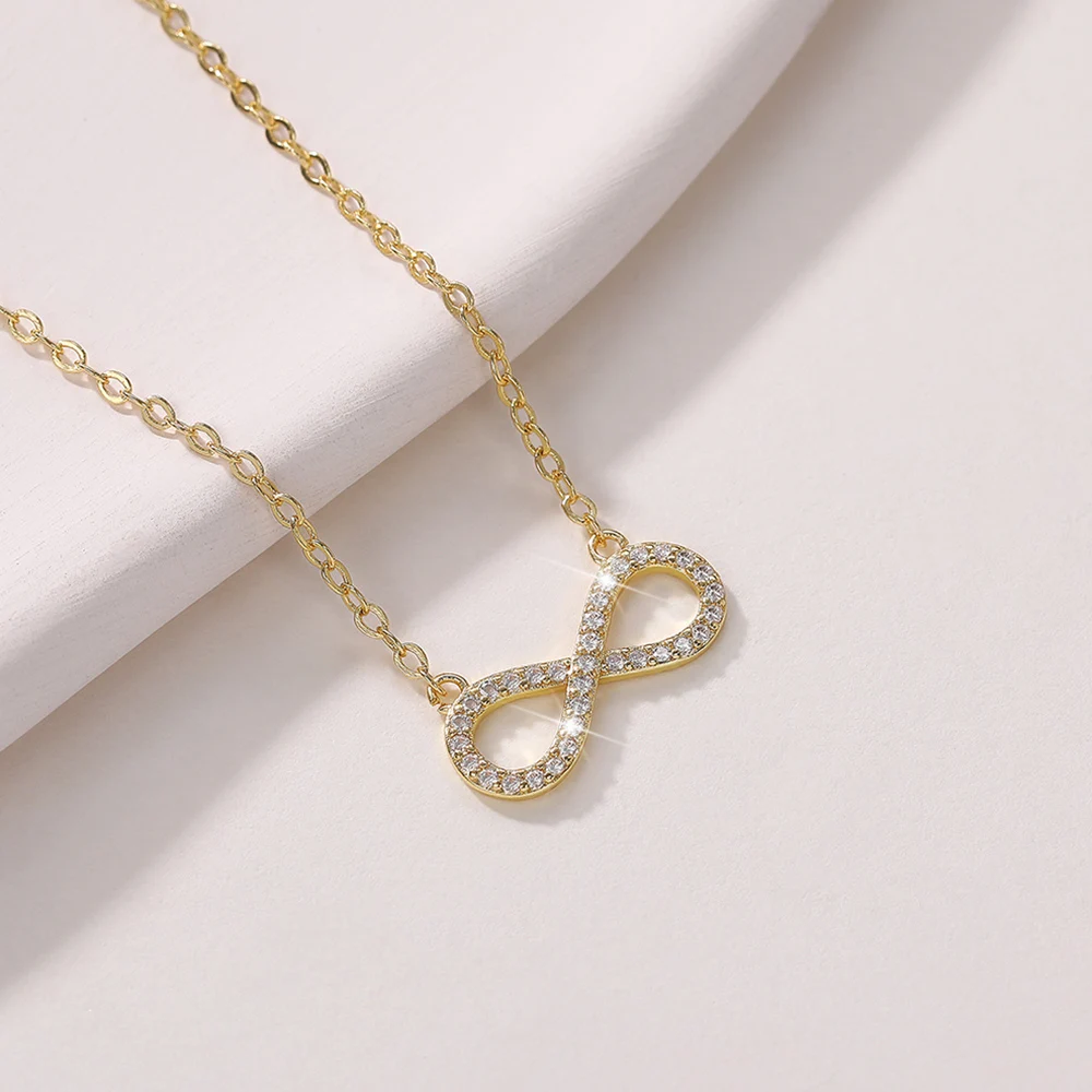 Huitan Simple Infinity Shape Pendant Necklace Women Inlaid Shiny CZ Stone Fancy Figure 8 Clavicle Chain Necklace Wedding Jewelry